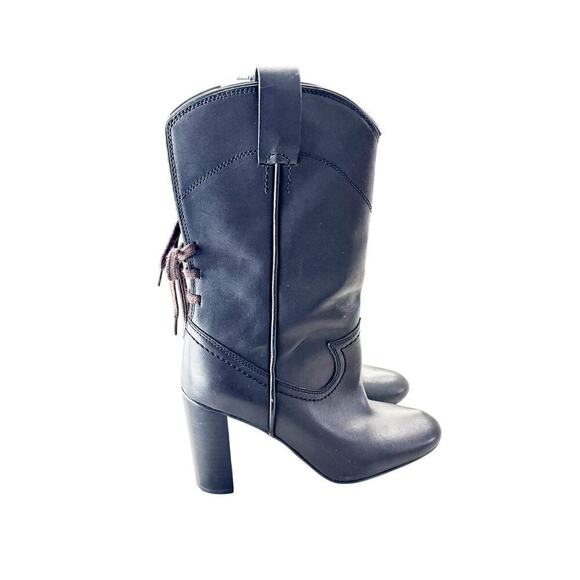 See by Chloe Black Lace Up Cowboy Leather Boots Mid Calf Lace Round Toe Size 38 - Picture 2 of 8